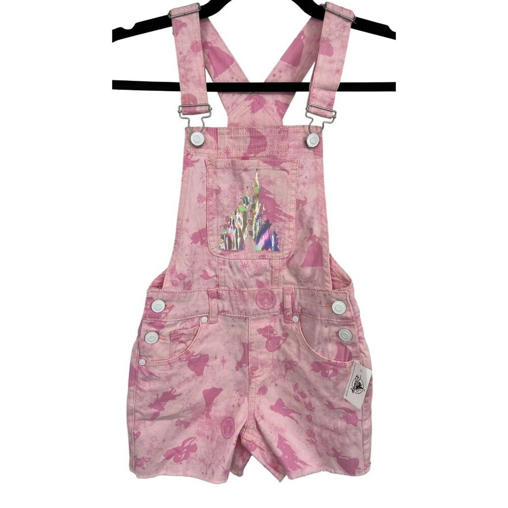 Disney Girls Pink Denim Jeans Overalls Short Size Small Princess Castle NWT New